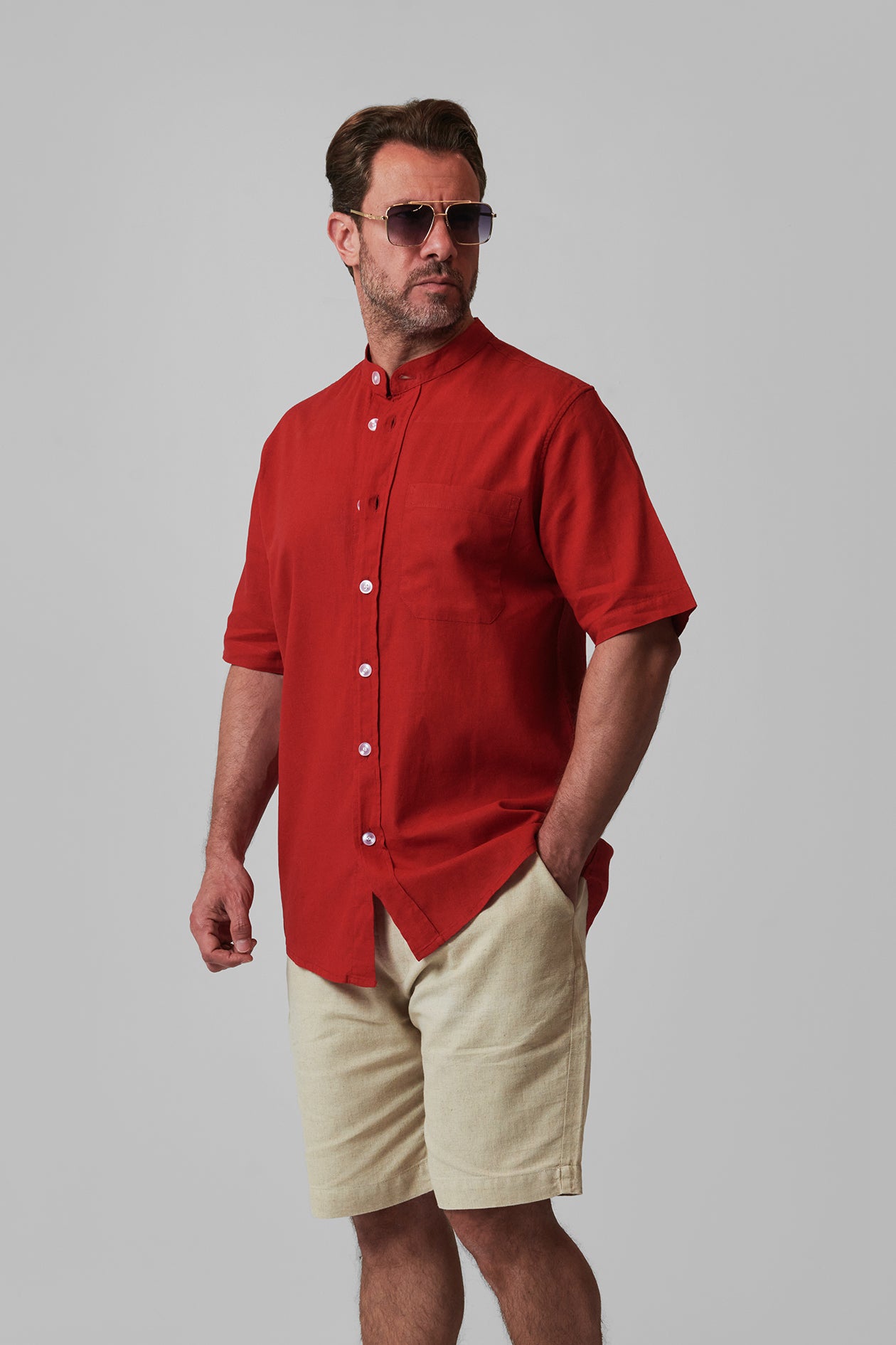 LINEN STAND-COLLAR SHIRT SHORT SLEEVES