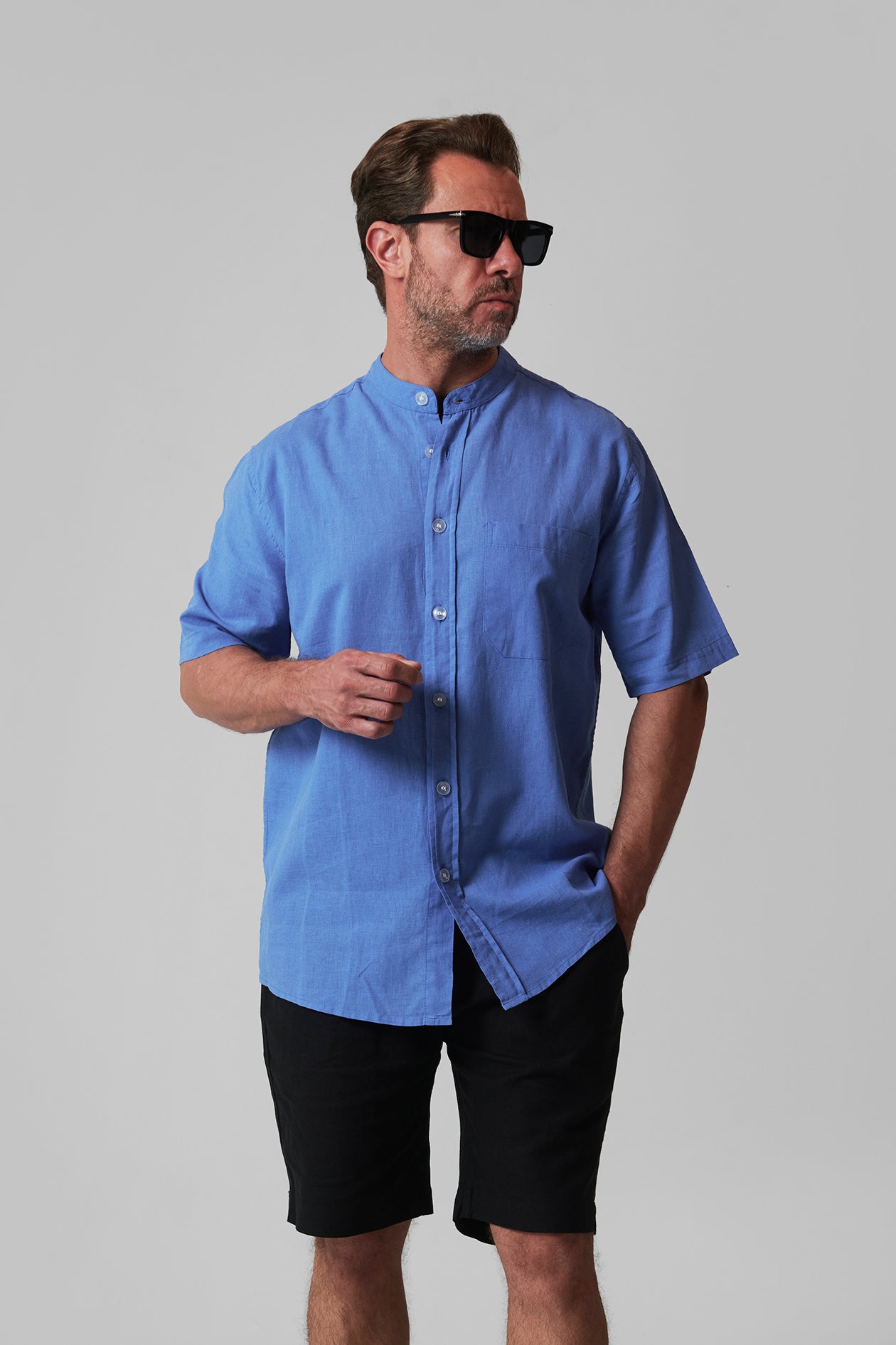 LINEN STAND-COLLAR SHIRT SHORT SLEEVES