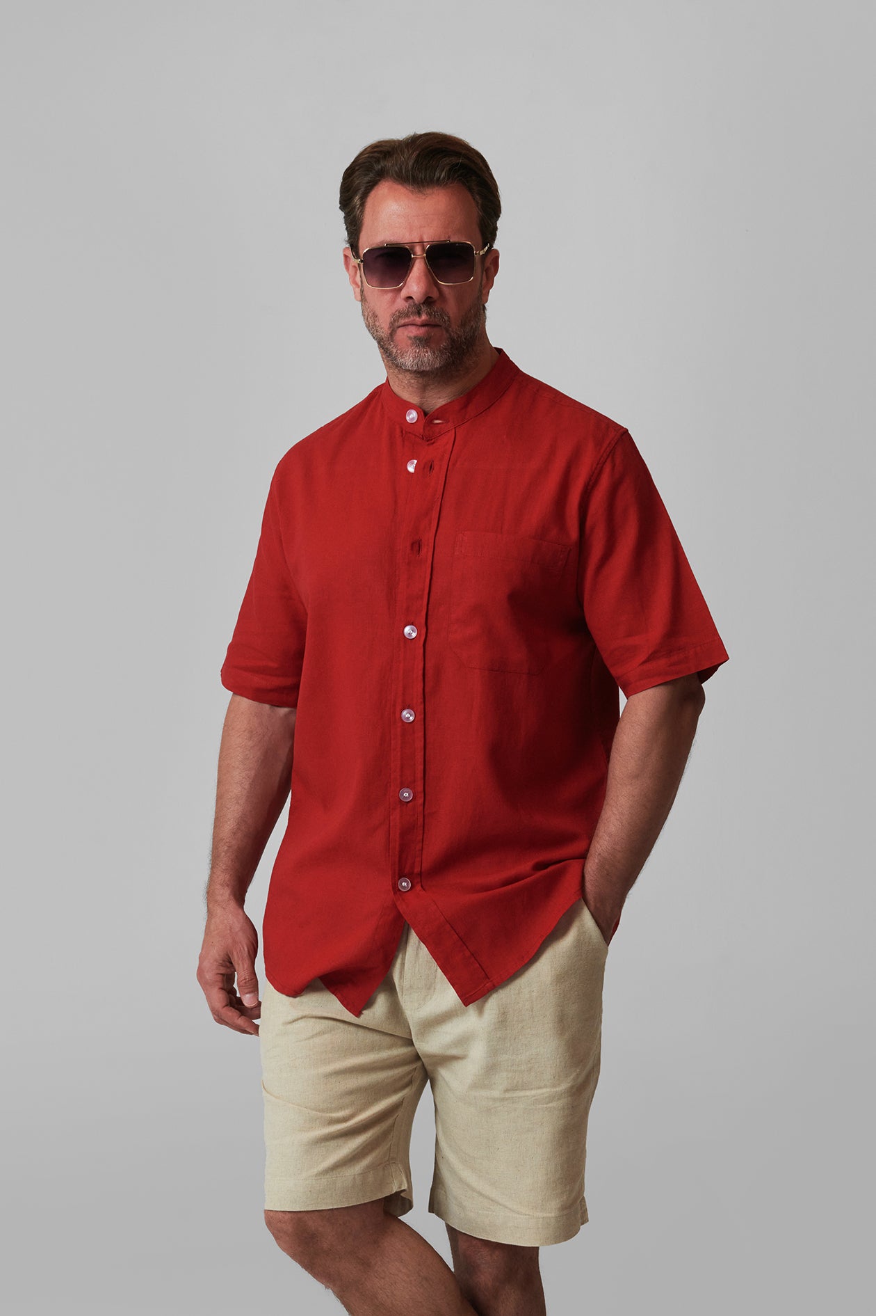 LINEN STAND-COLLAR SHIRT SHORT SLEEVES