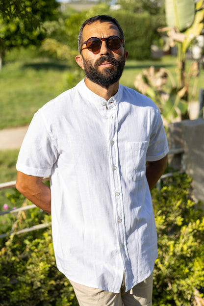 LINEN STAND-COLLAR SHIRT SHORT SLEEVES