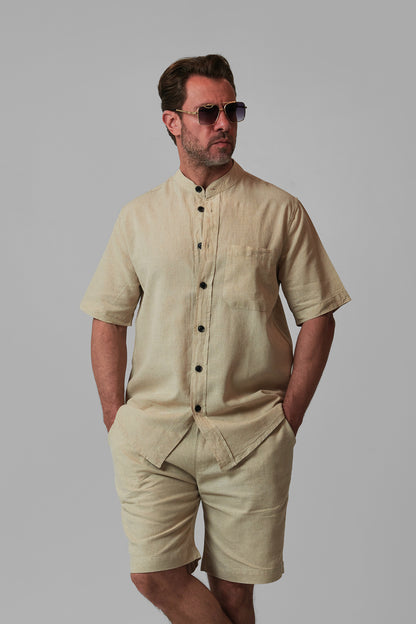 LINEN STAND-COLLAR SHIRT SHORT SLEEVES